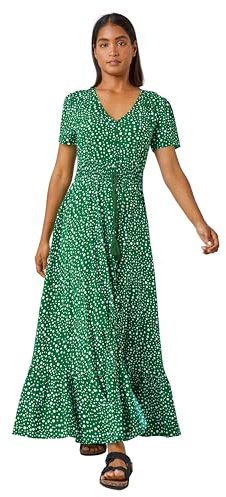 Roman Originals Shirred Empire Waist Dress for Women UK Ladies Midi Maxi Summer Spring Tiered Frill Hem Short Sleeve V Neck Button Through Boho Bohemian Holiday Cruise - Dark Green White - Size 12
