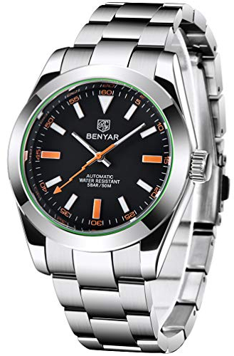 BENYAR Herren Elegante 41MM automatische mechanische Uhr wasserdicht Edelstahlband Leuchtend lässig Business Analog Armbanduhr, 5176 - reines Schwarz