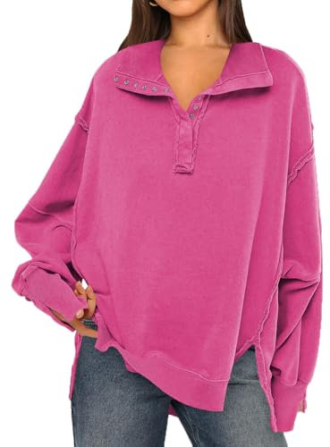 OLIPHEE Sweatshirt Femme Sweat Patchwork Grand Col V avec Boutons Pull Vintage Grande Taille Sweat Femme sans Capuche Col Roulé Manches Longues Sweat Oversize Femme Casual Sportwear Rose Foncé M