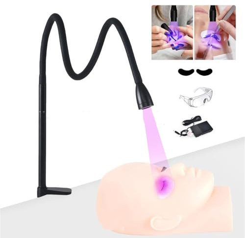 UV Glue Curing Lamp for eyelash Extension, LED Lash Lamp with Foot Switch, Eye Patch & Goggles, 5 W Flexible Gooseneck, Table clamp lamp, 360° Adjustable Head, Glue Cured in 1-3 Seconds,Black