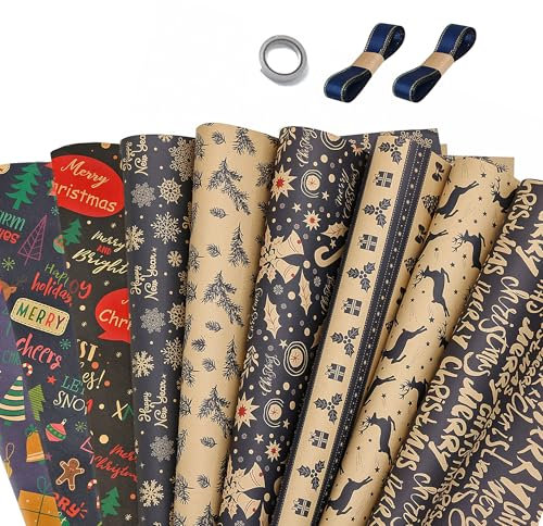 Dantolo Papier cadeau de Noël, lot de 9 feuilles, 70 x 50 cm, avec autocollants et étiquettes cadeaux.