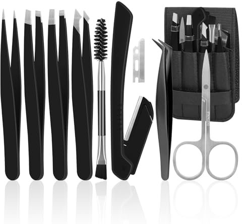 BELICOO Pinzette Set 11 Stück, Edelstahl Pinzette Augenbrauen zupfen mit Reiseetui, Augenbrauen Schere, Augenbrauen Pinsel & Augenbrauen Rasierer für Wimpern, Augenbrauen, Eingewachsene Haare,Schwarz