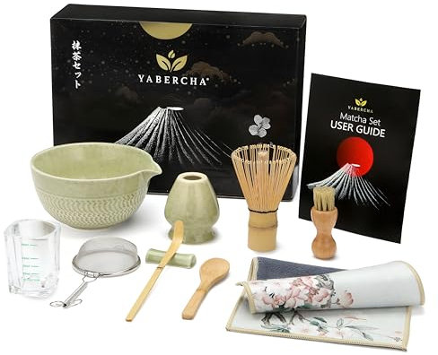 10 PCS Matcha Whisk Set - 15 OZ Matcha Bowl with Spout and Whisk Holder & Measuring Cup - Bamboo Matcha Scoop and Spoon - Stainless Steel Sifter - Cleaning Brush - Matcha Kit for Japanese Tea Ceremony