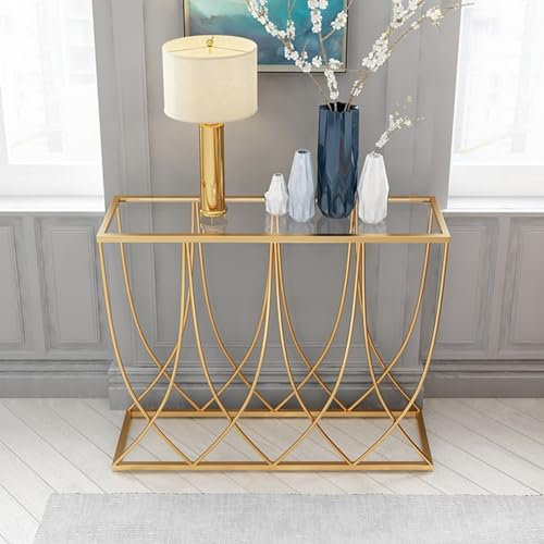 Table console, table d'entrée dorée, table console/d'appoint moderne avec pieds en métal, plateau en verre et faux marbre, table d'entrée vintage pour l'entrée, salon (couleur : style 2, taille : 10