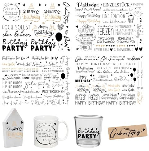 FloraVigo Rub On Sticker ca.A5 19x14cm-Spruch Deko zum Geburtstag, Keraflott, Hochzeit, Zuhause, Wischfolie für Möbel, Glas, Holz, Fotoalbum, DIY Deko, Aufkleberästhetik(4PCS) (Geburtstag Pustekuchen)