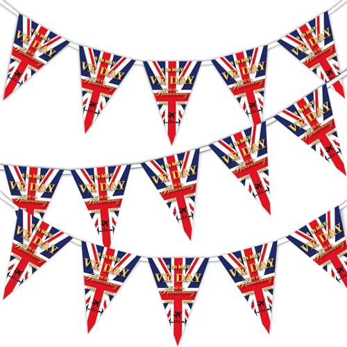 VE Day 80th Anniversary Bunting, VE-Day 80th Anniversary Decorations, Union Jack Flags(20 x 30 cm, 15 Pcs)