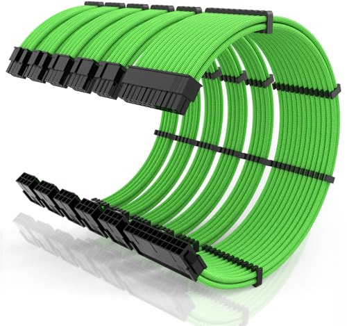 16AWG PSU Cable Extension Kit with Cable Combs,1x24pin ATX/2x8pin(4+4) EPS/3x8pin(6+2) PC Sleeved Cables 30cm Length,Power Supply Extension Cable Kit(Green)