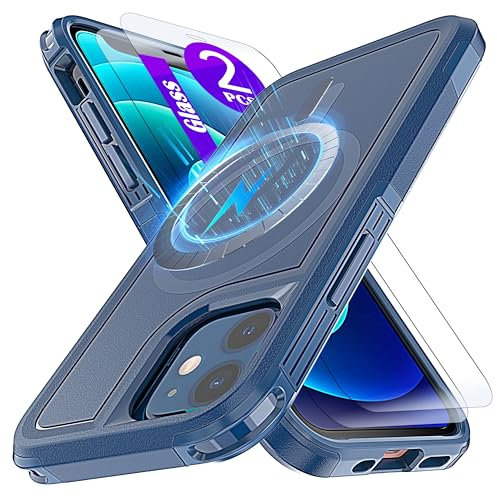 YmhxcY Magnetic for iPhone 12 Mini Case 5.4-Inch,Compatible with MagSafe,[2 Pack Tempered Glass Screen Protector] Shockproof Military-Grade Protection case-Blue