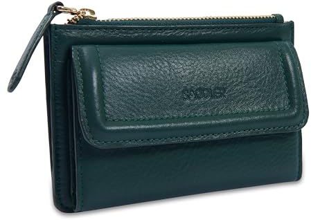 SADDLER Women's Leather Trifold RFID Card Wallet with Coin Purse - Green | Arrives tissue-wrapped in a gift box with a floral lining and YKK metal zippers to organize cash and essentials securely.