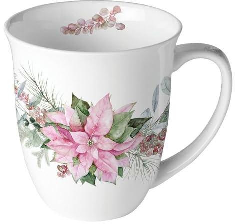 Ambiente Teetasse Kaffeetasse Becher Jumbotasse 0,4l Weihnachtsstern Blumen Poinsettia weiß pink Fine Bone China Porzellan Winter
