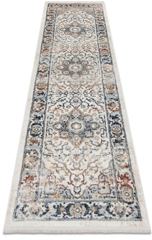 DISTIN 0834A Marineblau/blau/gelb/terrakotta moderner Teppich, Läufer - Ornament, Vintage, Fransen 80x300 cm blau