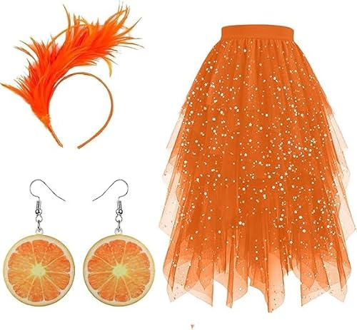 Aperol Kostüm Damen Tüllrock Orange Mit Glitzer: Hohe Taille Tütü Rock Glitzerrock Mehrschichtiger Mesh Tüll Röcke, Obst Acryl Ohrringe, Feder Haarschmuck Cosplay Karneval Kostüm