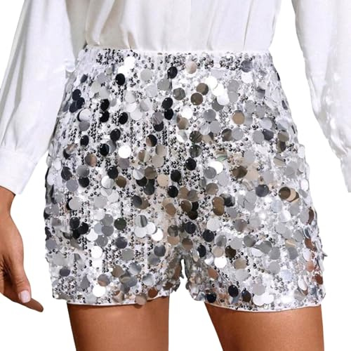Generisch Pailletten Shorts Damen Hot Pants Hohe Elastische Taille Kurze Glitzer Shorts Pailletten Hose Silber Hotpants Party Outfit Festival Karneval Tanz Performance Kostüm