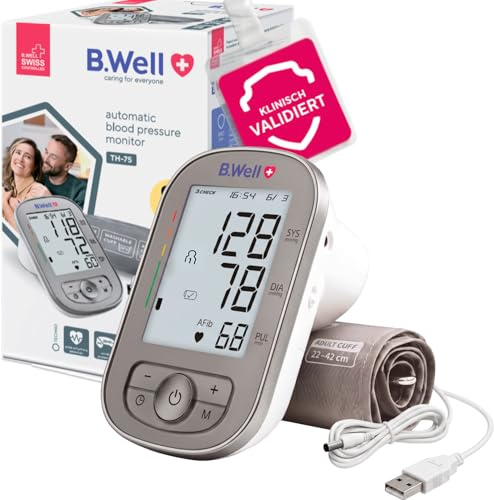 B.Well TH-75 Blutdruckmessgerät | AFib-Erkennung & automatische Messung | Schweizer Qualitätsstandard, klinisch validiert, 3CHECK-3-fach-Messung, 2×90 Speicher, Manschette 22–42 cm, USB-Kabel