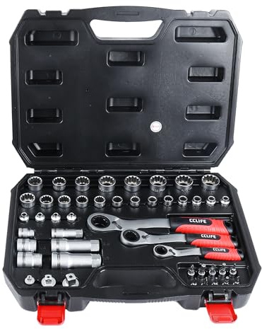 CCLIFE Jeu de clés à douille 47 pièces 4-24 mm | Design traversé | Barres filetées et boulons | Adaptateur 1/4 3/8 1/2 | Acier CrV | Embouts | Mallette