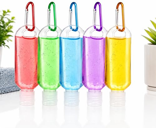 5 Pack 50ml Travel Bottles with Carabiner Clips, Refillable Empty Toiletry Containers for Hand Sanitiser, Shampoo, Lotion & Shower Gel, Leakproof BPA Free Mini Bottles for Travel, Hiking, Gym & School
