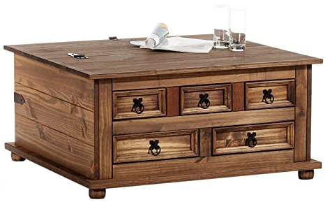IDIMEX Table Basse de Salon Tequila Coffre Malle de Rangement rectangulaire en Bois Style Mexicain avec 5 tiroirs, en pin Massif lasuré Brun