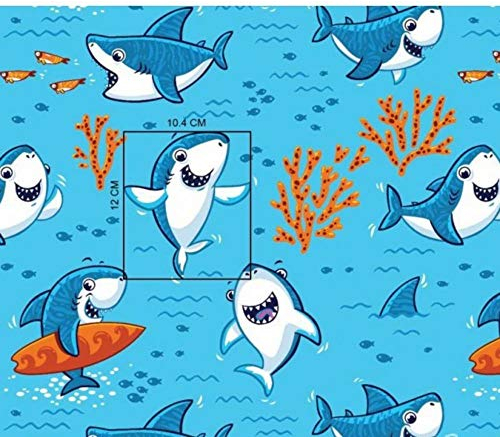 Pingianer 100x160cm Fisch Wal 100% Baumwolle Baumwollstoff Kinder Meterware Handwerken Nähen Stoff (Hai Surfbrett Türkis, 100x160cm (11,99€/m))