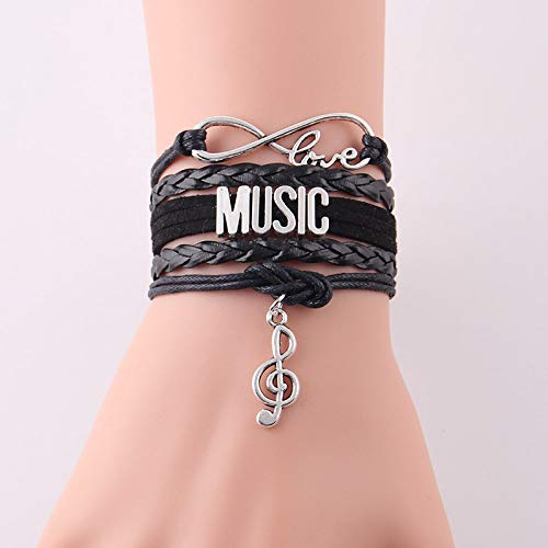 BVFRA Damen Lederarmband,Vintage Echtes Schwarzes Leder Geflochtene Armreifen Unendlichkeit Liebesbriefe Musik Multilayer Wickeln Charm Armbänder Persönlichkeit Männer Jungen Frauen