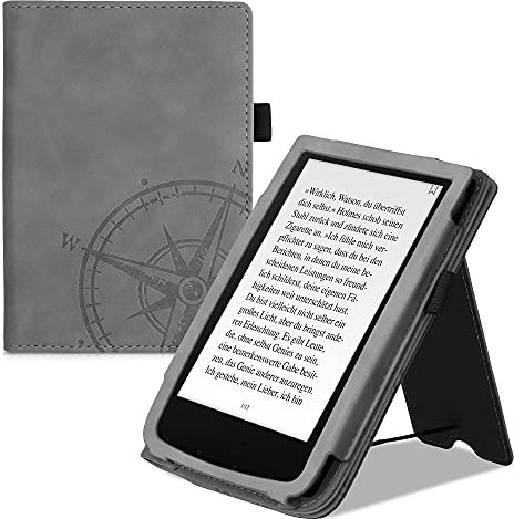 kwmobile Schutzhülle kompatibel mit Pocketbook Touch Lux 4/5/Touch HD 3/Color (2020)/ Vivlio Lux 5 Flip Hülle - Cover mit Handschlaufe - Kompass Vintage Grau