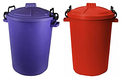 M1SS (Set of 2) 50 Litre Purple and Red Heavy Duty Plastic Clip Lock Lid Bin Indoor or Outdoor Rubbish, Waste or Storage of Animal Feed.