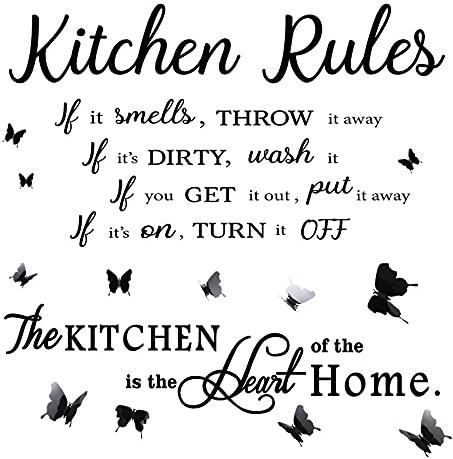 15 Pezzi Decorazione Murale di Kitchen Rules per Casa Adesivi Murali di The Kitchen Is The Heart con Decal da Parete a Farfalle Nere 3D Adesivi a Citazioni Ispiratrici (29,5 x 25,5 Pollici)