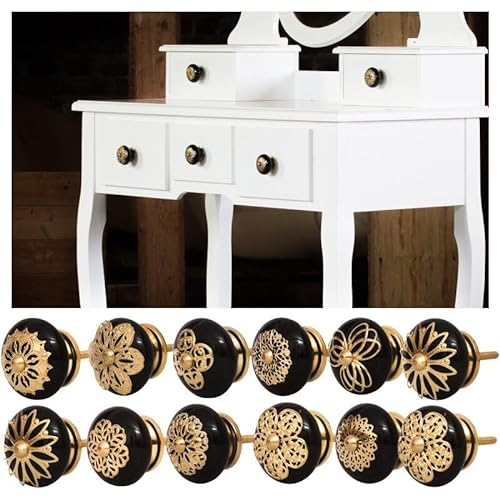 Knober 12er SET Möbelknopf Schwarz Keramik mit goldfarbenener Montur aus Messing