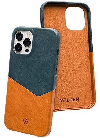 Wilken Schutzhülle für iPhone 12 Pro Max aus Leder, kompatibel mit MagSafe und kabellosem Laden, hochwertiges genarbtes Leder, individuelle Metall-Knopf-Bedienelemente (12 Pro Max, Hellbraun/blau)