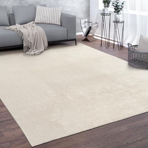 Paco Home Teppich Wohnzimmer Kurzflor Weich rutschfest Modern Einfarbiges Muster Creme, Grösse:80x300 cm