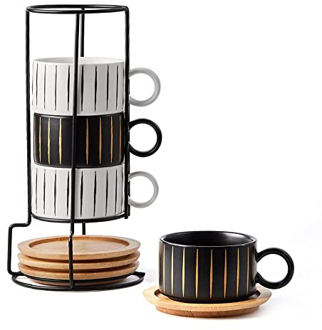 LUKA Porzellan-Espressotasse mit Untertasse und Metallständer, stapelbare Keramik-Demitasse-Espressotassen, Cappuccino-Tassen, Set für Latte, Kaffee, Café, Mokka, Tee, 4 Stück