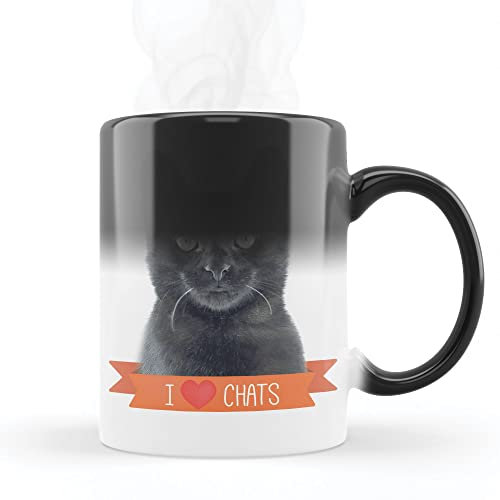 Mygoodprice MUG Magique qui change de couleur sensible à la chaleur - Thermosensible - en céramique au motif I love chat noir