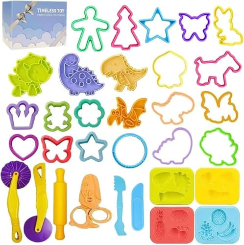 Jaeespon Knete Zubehör für Kinder, Knetwerkzeug Set inclus Dinosaurierformen, Schere, Knete Teigroller mit Aufbewahrungstasche, Teig Spielzeug Geschenk für Jungen Mädchen