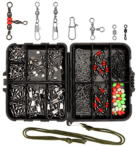 Realure 160 Pcs/box Fishing Swivel Snaps Kit Sea Fishing Barrel Swivel Snaps Ball Bearing Swivels Fishing Tackle with Multiple Fishing Swivels and Clips Luminous Fishing Beads for Saltwater Freshwater