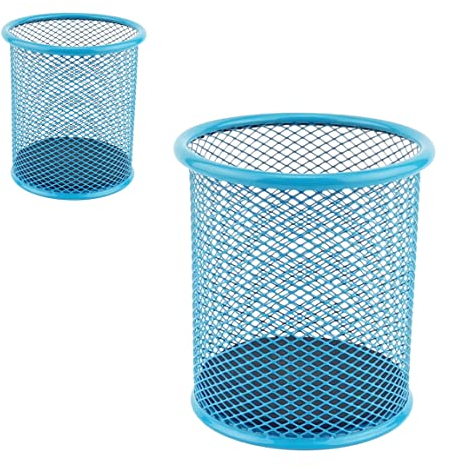 LEVIATAN- 2 Stück - Metall Stifteköcher | Stiftehalter rund aus Drahtmetall | Mesh Multifunktions Becher für Kugelschreiber Ø91 mm Blau