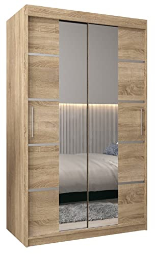ABIKSMEBLE Verona 4 120 Armario 2 Puertas Correderas para Dormitorio - Armario Moderno con Espejo, Barra y Estantes - 120x200x62 cm (Ancho x Alto x Fondo) - Sonoma