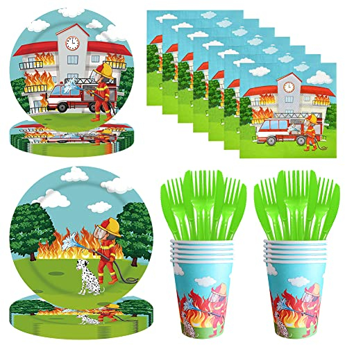VMOTA Partygeschirr Kindergeburtstag Feuerwehrauto Deko, 70 Stück Feuerwehrmann Geburtstag Party Geschirr Becher Pappteller Servietten, Kids Birthday Party Supplies Paper Dinnerware Serves 10 Guests