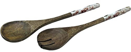 Chic Antique Luxus Salatbesteck mit Emaille Griffen Holz Salat Servierset Salatgarnitur Mangoholz versch. Designs 2er Set Salatlöffel (15109 Peony)