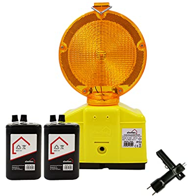 1 x siwitec LED Baustellenleuchte gelb inkl. 2 x Blockbatterien Typ 4R25 6V 7Ah, LED Warnleuchte für Baustellen im Straßenbau mit Lampenschlüssel, Baustellenabsicherung