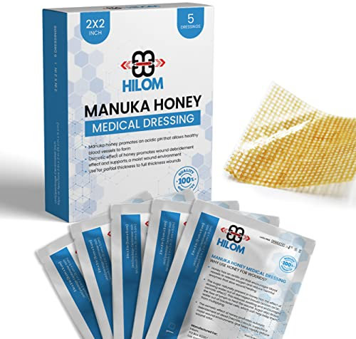 Hilom Manuka-Honig-Gaze in medizinischer Qualität, 5,1 x 5,1 cm, 5 Stück, nicht haftend, Erste Hilfe für kleinere Wunden wie Schnitte oder fortgeschrittene Wundversorgung von Bettwunden, Verbrennungen