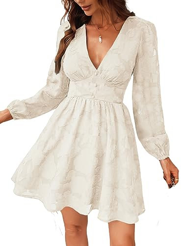 CUPSHE Mini Robe Femme en Dentelle Moulante à Manches Longues Imprimé Floral Col en V Robe de Cocktail Casual Party Soirée Blanc XS