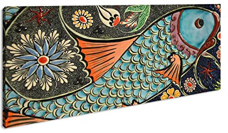 edles Fisch Mosaik Panorama 120x60 cm als Leinwandbild, Motiv fertig gerahmt auf Echtholzrahmen, Hochwertiger Digitaldruck mit Rahmen