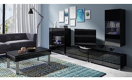 Lomadox Wohnwand Anbauwand schwarz Hochglanz 5-teilig Modern, mit 1 Couchtisch, 2 TV-Lowboards, 1 Hängevitrine, 1 Highboard