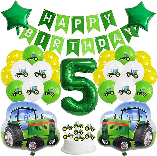 Guoguonb Grün 5 Jahre Traktor Geburtstag Deko Happy Birthday Banner Zahlenballon 5 Folienballon Bedruckte Ballons Traktor Tortendekoration für Kindergeburtstag Partyset Dekoration