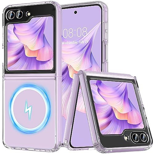 Coque pour Samsung Galaxy Z Flip 5 5G Transparente Magnétique Étui Résistant Housse de téléphone à Anneau, Protection Antichoc -Transparente