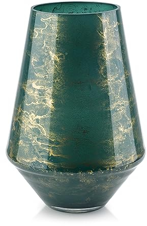 Terroso Jarrón – Cristal Verde Soplado – Aspecto Lujoso, Elegante – 26 cm de Alto – Efecto Mármol – Florero