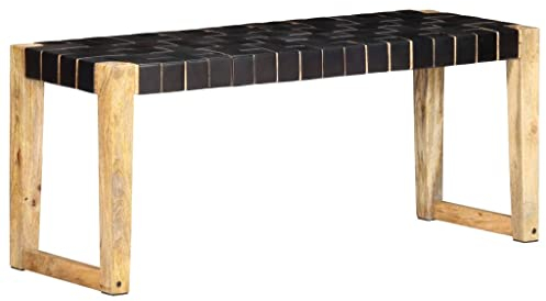 vidaXL Mangoholz Massiv Bank ohne Lehne Vintage Sitzbank Flurbank Esszimmerbank Küchenbank Essbank Wohnzimmer 110cm Schwarz Echtleder
