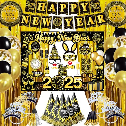 Silvester Deko 2025 Neujahr Party Dekoration Set, Silvester Foto Requisiten XXL Silvester Fotorahmen Bilderrahmen, Neujahr Partyhüte Silvester Haarreif Neujahr Partytröten Silvester Luftballons
