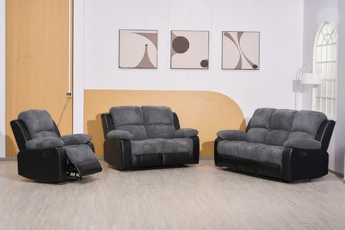 Rio Recliner Black/Grey Jumbo Cord Fabric 3+2+1 Seater Sofa Set - For Living Room Furniture - 3 Seater Sofa 2 Seater Sofa Settee Armchair - Cheap Couches (3+2+1 Seater Sofa)