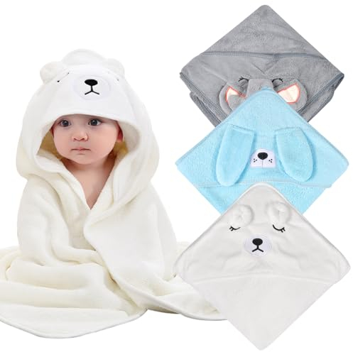 3PCS Cape De Bain Bébé À Capuche, Serviette de Bain Capuche, 80 x 80cm Fibre Bambou Bio, Extra Doux Absorbant, pour Bébé Respirant, 0-3 Ans