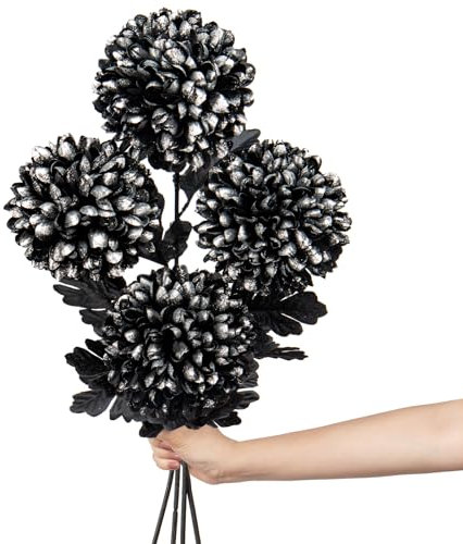 6'' Large Artificial Chrysanthemum Flowers with 24.7'' Long Stem, 4 pcs Black Silver Fake Silk Flowers Glittery Faux Ball Flowers for Home Decor, Wedding, Party, Halloween, Floral Arrangement